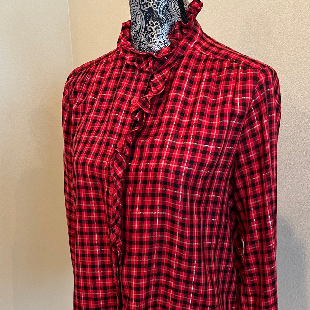 Ann Taylor Vibrant Red Plaid Button Front Blouse Size Small - Picture 2 of 7